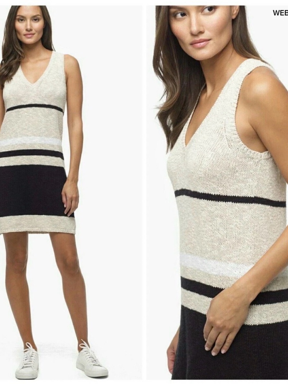 James Perse Los Angeles Cotton Linen Ivory Striped Sweater Knit Dress